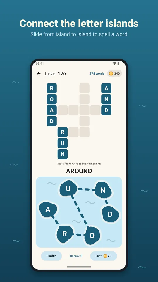 Sliding across letter islands to spell AROUND