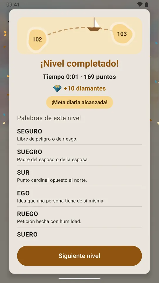 Nivel completado: puntos de la parada y meta diaria