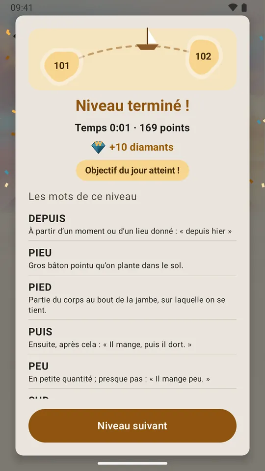 Niveau terminé : points de l’escale et objectif quotidien