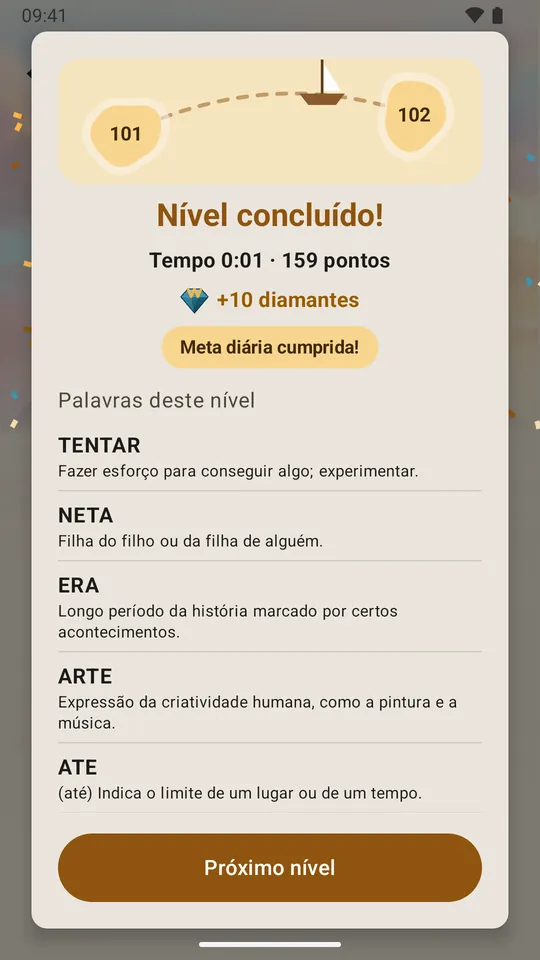 Fase concluída: pontos da parada e meta diária